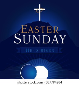 Easter Sunday, He is risen. Greetings, invite vector blue color template. Sunrise, open lighting empty cave, rock off, shining angel inside. Crown of thorns. Religious symbol. Jesus up from the death.