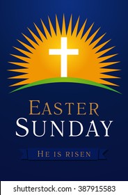 Easter Sunday, He is risen. Greetings, invite vector blue color template. Sunrise, open lighting empty cave, rock off, shining angel inside. Religious symbol and text. Jesus up from the death.