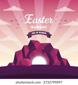 Easter Sunday He Is Risen Illustration with Empty Tomb and Resurrection Light