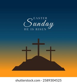 Easter Sunday He Is Risen phrase with calvary or golgotha mount illustration