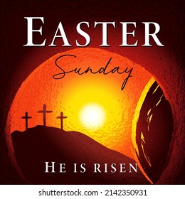 Easter Sunday - He is risen, tomb and Calvary morning. Holy week greeting card with typography and cave with tomb on background. Vector illustration