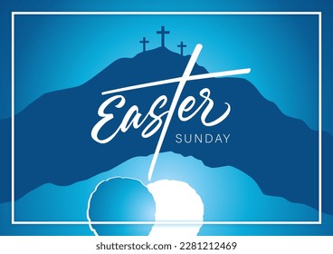 Easter Sunday, Holy week - calligraphy poster. Celebrate the resurrection, poster template with Calvary, crosses and open tomb. He is risen, christian design. Vector illustration