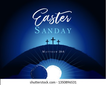 Easter sunday holy week, three cross on hill banner. Hi is risen, christian motive, vector invitation with text Easter Sunday on a background of rolled away from the tomb stone of Calvary