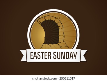 Easter sunday, holy week, vector card. Happy holiday greetings of Jesus rising up. Template for invitation, flyer design. Mountain, open empty cave and stone. Religious symbol.