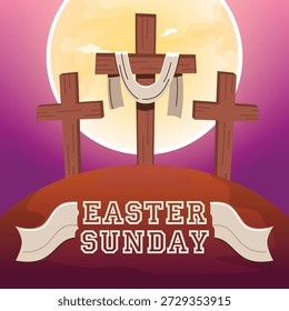Easter Sunday Illustration with Three Crosses on Calvary Hill at Sunset