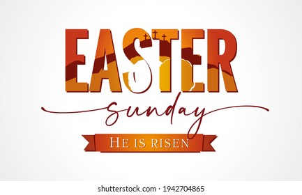 Easter Sunday lettering with Calvary and tomb in text. Easter Sunday, Holy Week banner with three cross and tomb. Vector illustration