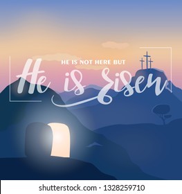 Easter sunday morning. Christian invite card with text: He is not here but He is risen. Opened empty cave with light inside and rock off. Blue mountains landscape, Bible story illustration.
