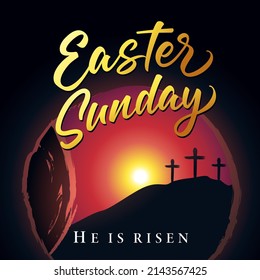 Easter Sunday morning, He is risen, Calvary and tomb. Holy week poster with lettering, cave with tomb and crosses on background. Vector illustration