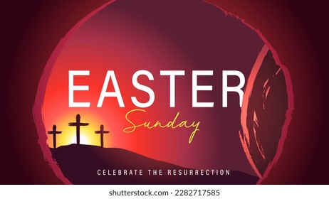 Easter Sunday morning, He is risen, tomb and Calvary. Celebrate the resurrection, invitation design for Easter worship service or banner. Vector illustration