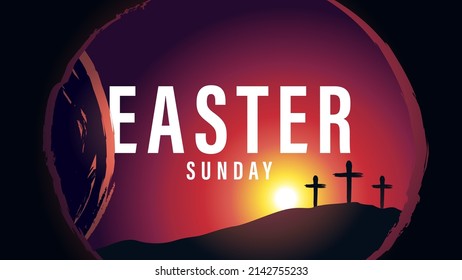 Easter Sunday morning tomb and Calvary with three cross. Holy week poster with typography, crosses and cave with tomb on background. Vector illustration