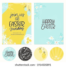 Easter Sunday party invitation, gift tag and wall art set with hanging eggs and floral corner frame decoration. Spring christian holiday vector graphic.