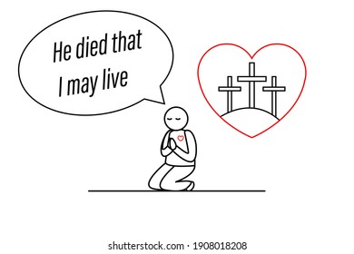 Easter Sunday print: He Died so That We May Live. Invitation for service holy week with christian typography on white background. Cross and bible text vector illustration. Prayer.