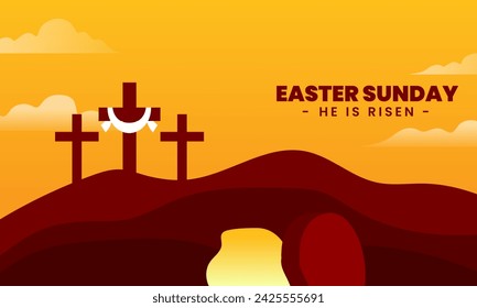 Easter sunday resurrection day scene vector. Combining the shape of the Golgotha ​​hill and the open tomb of Jesus. Very suitable for Easter.
