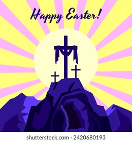 Easter Sunday. Resurrection illustration,Happy Easter religious greeting card, poster. Flat vector design.