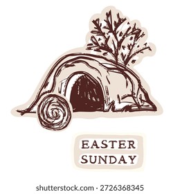 El domingo de Pascua quitó el motivo religioso del símbolo cristiano de la tumba de piedra. Dibujado a mano Vector aislado ilustración religiosa arte de Clip para la imagen de anuncio de la iglesia basada en la fe, Él ha resucitado