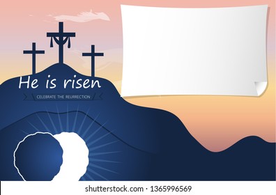 Easter Sunday service vector invitation with text He is risen on a background of rolled away from the tomb stone of Calvary. Easter sunday holy week poster