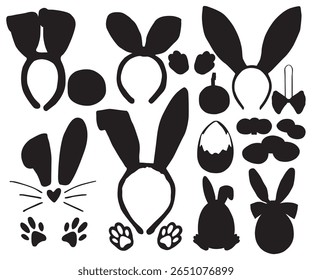 Easter Sunday silhouette. Happy Easter eggs with bow, kid headband, ears and paws of rabbit. Easter eggs, bunny ears mask, festive vector illustration. Cute rabbit ear spring hat set isolated design.