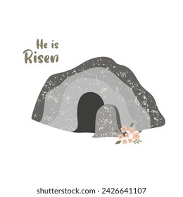 Easter Sunday tomb He is risen. Vector illustration. Cave. Empty tomb of Jesus. Religion holiday element, hand drawn stone and flowers isolated on white.