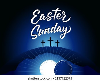 Easter Sunday, tomb and three cross on Calvary. Holy week greeting card with elegant lettering and cave on background. Vector illustration