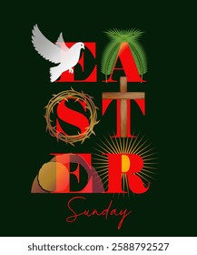 Easter Sunday typography concept with Holy Week icons. Church web banner template with dove, palm branches, crown of thorns, open tomb and sunrise beams. Vector illustration