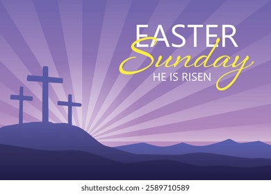 Easter Sunday vector illustration, with three crosses on the Calvary hill.