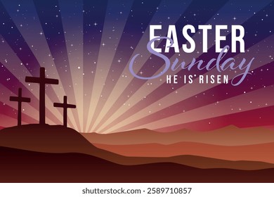 Easter Sunday vector illustration, with three crosses on the Calvary hill at night.