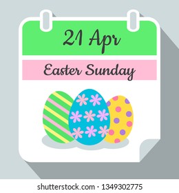 Easter Sunday wall calendar 2019 april 21 vector icon with colorful easter eggs with dots, stipes and flowers, flat style. Vector eps10