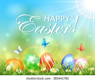 Easter sunny background with colored eggs in grass with flowers and flying butterflies, illustration.