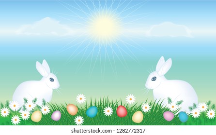 Easter - sunny day, two bunnies on a flower glade, colorful eggs - art, illustration - vector