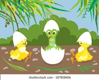 Easter surprise. Chickens meets newborn reptile