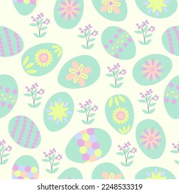 Easter, sweet floral seamless pattern,  spring, colorful eggs. Hand drawn. Vector