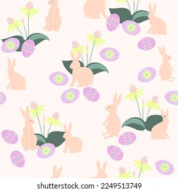 Easter, sweet floral seamless pattern,  spring, cute hares, glade, colorful eggs. pastel color. Hand drawn. Vector