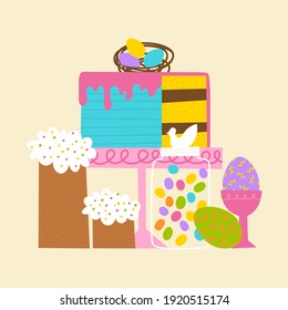 Easter sweet food set: cake, candy jar, chocolate eggs and nest, muffins. Cute flat colorful decorated pastry for spring celebration. Perfect for cafe, bakery menu, greeting cards, invitations.
