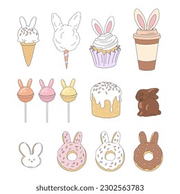 Easter sweets with bunny ears. Bakery, lollipop, donut, sweet cotton, ice cream, cake , chocolate, coffee. Vector illustration set isolated on white.