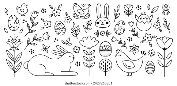 Easter symbol doodle style black line of big set. Collection bunny, flowers, eggs, chiks in children drawing style. Childish coloring. Vector illustration with editable stroke