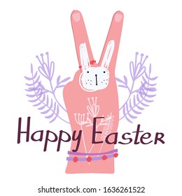 Easter symbol. A drawing of a cute white bunny on his arm. Gesture with fingers of Latin letter "V". Doodle plant and text "Happy Easter" on white background. Stylish vector illustration