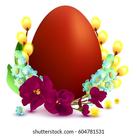 Easter symbols and accessories including egg, willow branch, lily of valley and violet. Isolated on white vector illustration