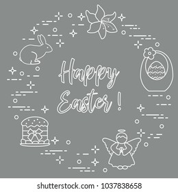 Easter symbols. Easter cake, basket, eggs, rabbit, flowers, angel.