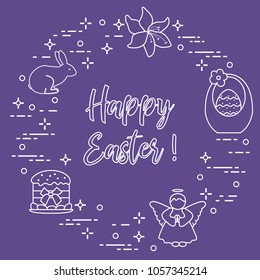 Easter symbols. Easter cake, basket, eggs, rabbit, flowers, angel.