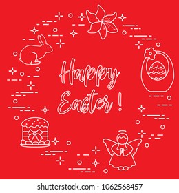 Easter symbols. Easter cake, basket, eggs, rabbit, flowers, angel.