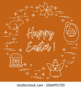 Easter symbols. Easter cake, basket, eggs, rabbit, flowers, angel.