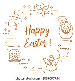 Easter symbols. Easter cake, basket, eggs, rabbit, flowers, angel.