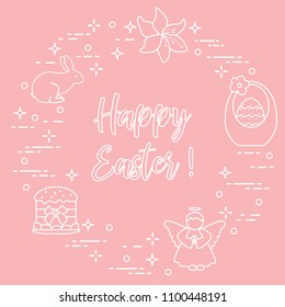 Easter symbols. Easter cake, basket, eggs, rabbit, flowers, angel.