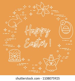 Easter symbols. Easter cake, basket, eggs, rabbit, flowers, angel.