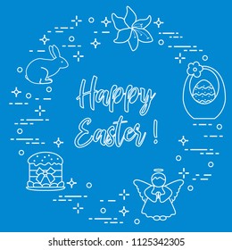 Easter symbols. Easter cake, basket, eggs, rabbit, flowers, angel.