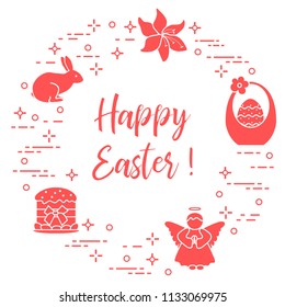 Easter symbols. Easter cake, basket, eggs, rabbit, flowers, angel.