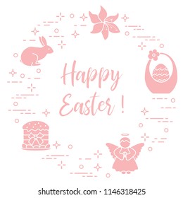 Easter symbols. Easter cake, basket, eggs, rabbit, flowers, angel.