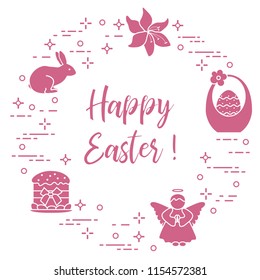 Easter symbols. Easter cake, basket, eggs, rabbit, flowers, angel.