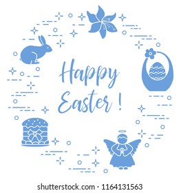 Easter symbols. Easter cake, basket, eggs, rabbit, flowers, angel.