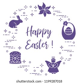 Easter symbols. Easter cake, basket, eggs, rabbit, flowers, angel.